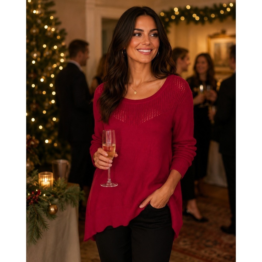 New York & Co Sweater Women's Large Red Long Sleeve Tight Knit Open Detail EUC